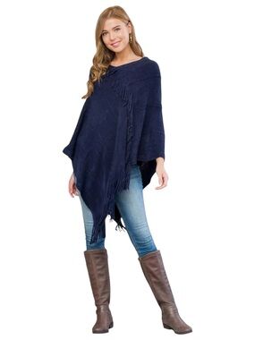 Navy Fringe Knit Poncho Wrap OSFM Cozy Boho Fall Layer NWT